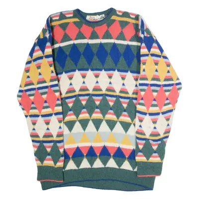 PACO Womens Patterned Jumper Green Diamond Crew Neck 90s Wool L