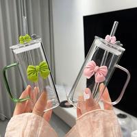 Bow Decor Clear Glass Cup, 1 Count Cute Glass Cup with Straw & Lid, Heat Resistant Drinking Cup for Home Office Use, Drinkwar...