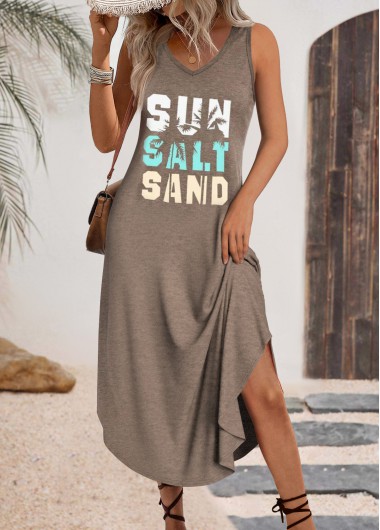 Modlily Gray Brown Letter Print Maxi A Line Sleeveless Dress - XL