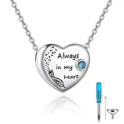 Sterling Silver Round Zircon Heart Urn Necklace for Ashes with Engraved Word