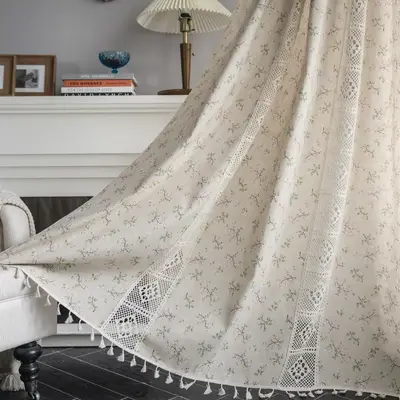 Boho Floral Print Hollow Out Design Tassel Trim Curtain, 1 Piece Modern Simple Half Blackout Curtain, Decorative Curtain for ...