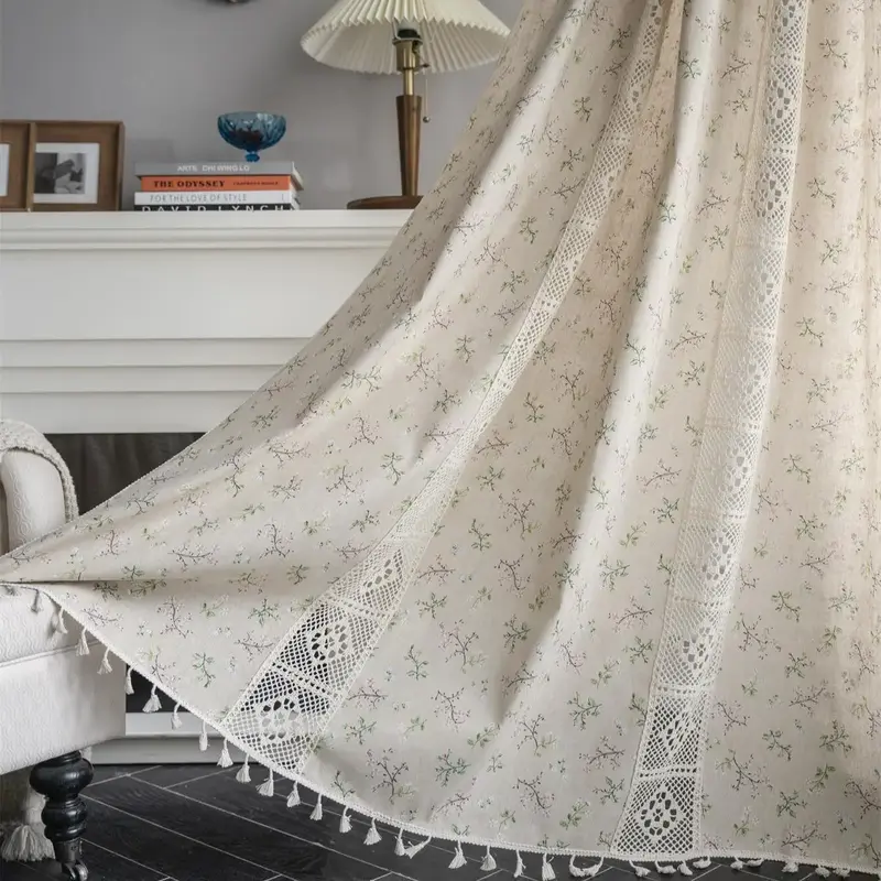 Boho Floral Print Hollow Out Design Tassel Trim Curtain, 1 Piece Modern Simple Half Blackout Curtain, Decorative Curtain for ...