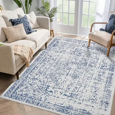 Garvee Area Rug 8x10 Washable Rug Blue Vintage Rug Traditional Floor Cover Thin Rug Retro Kitchen Indoor Distressed Non Slip ...