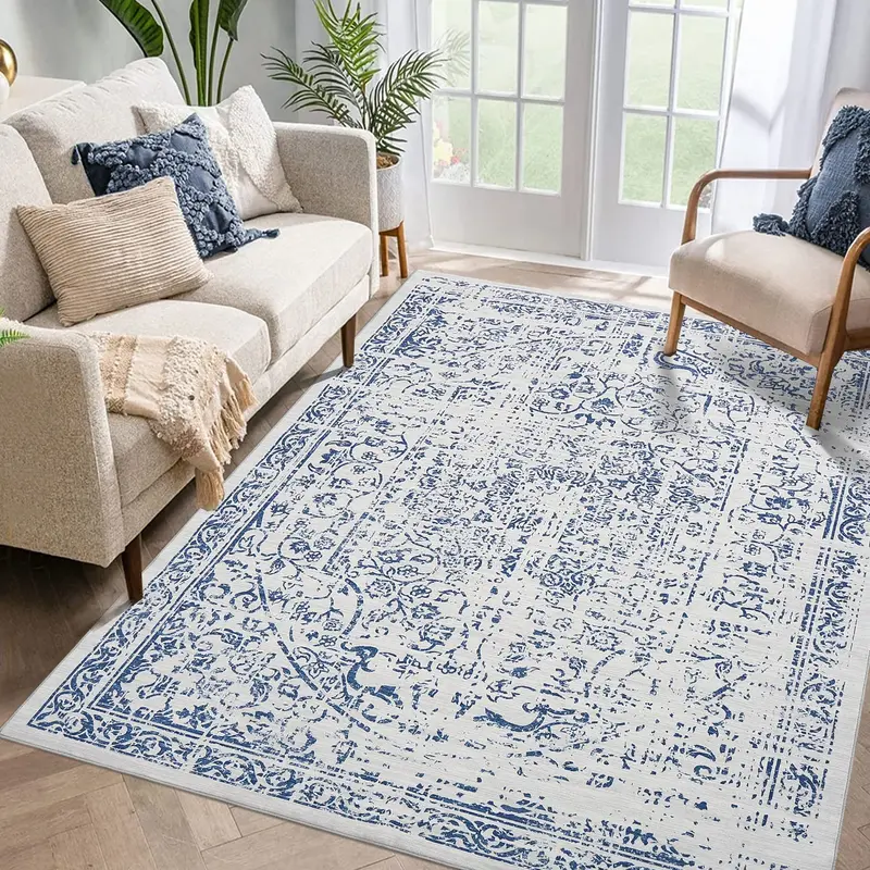 Garvee Area Rug 8x10 Washable Rug Blue Vintage Rug Traditional Floor Cover Thin Rug Retro Kitchen Indoor Distressed Non Slip ...