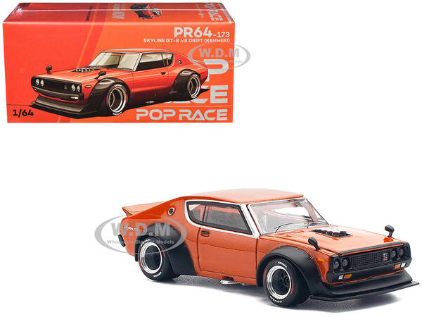 Skyline GT-R V8 Drift Kenmeri RHD (Right Hand Drive) Orange Metallic 1/64 Diecast Model Car by Pop Race