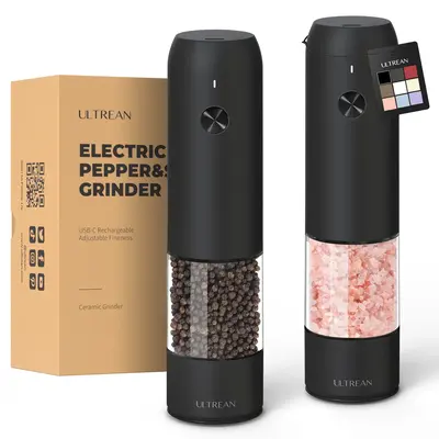 Ultrean Electric Salt & Pepper Grinder Sets - Rechargeable, Automatic with Adjustable Coarseness (6 Settings) , One-Hand Oper...
