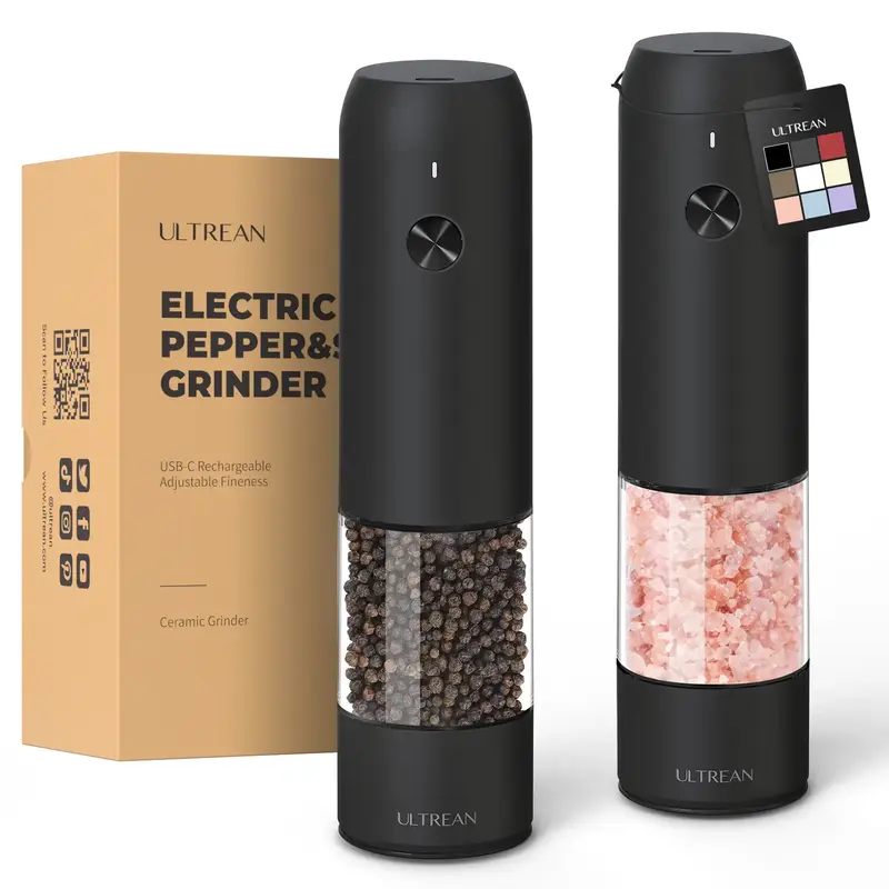 Ultrean Electric Salt & Pepper Grinder Sets - Rechargeable, Automatic with Adjustable Coarseness (6 Settings) , One-Hand Oper...