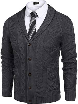 Shawl Collar Button Down Knitted Sweater with Pockets (US Only), Dark Grey / M
