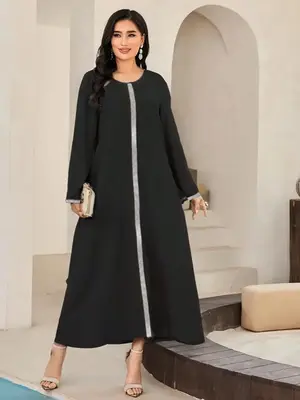 Elegant Abaya Dress for Women, Loose-Fit Woven Fabric, Round Neck Long Sleeve, All-Season Wear, Simple Modest Style