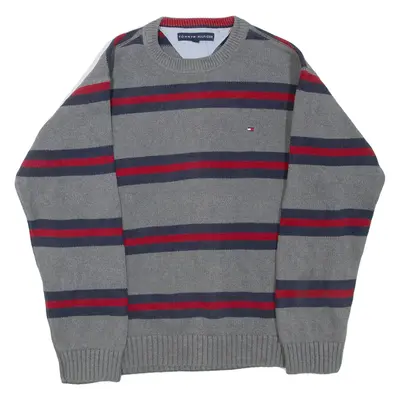 TOMMY HILFIGER Mens Patterned Jumper Grey Striped Tight Knit L