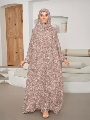 Women's Ditsy Floral Print Hooded Robe Abaya, Modest Long Sleeve Muslim Dress, Ladies Islamic Clothing for All Seasons