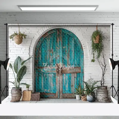 Retro Teal Arch Door Brick Wall Wedding Backdrop