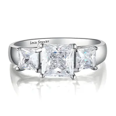 9K White Gold Princess Cut Shaped Moissanite Square Engagement Ring with Engraved Word