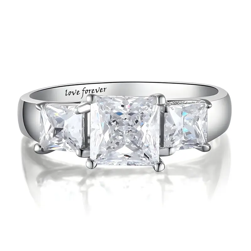 9K White Gold Princess Cut Shaped Moissanite Square Engagement Ring with Engraved Word