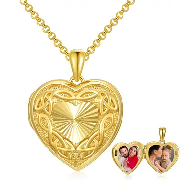 10K Gold Celtic Knot & Heart Personalized Photo Locket Necklace