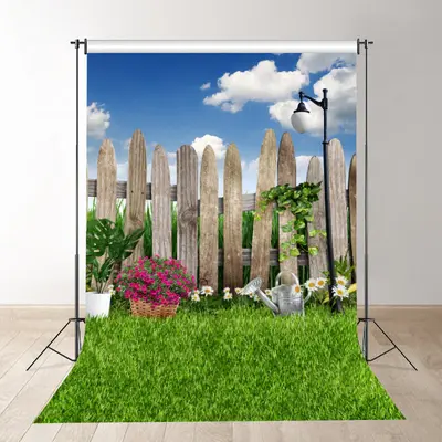 Wooden Fence Flowers Grass Blue Sky Spring Photo Backdrop - Aperturee