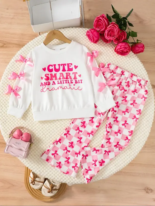 Toddler Girl's Cartoon Print Sweatshirt & Plaid Print Pants Two-Piece Set, Casual Round Neck Long Sleeve Pullover & Elastic W...