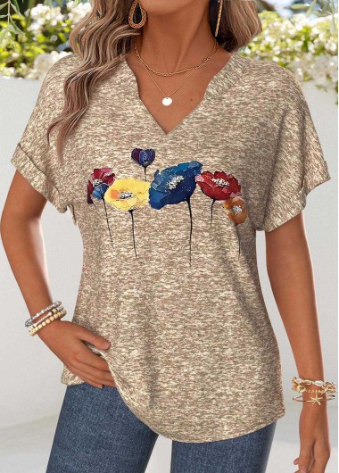 Modlily Light Camel Floral Print Tummy Coverage T Shirt - XXL