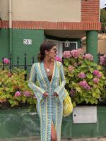 Women's Colorblock Striped Print Hollow Out Cover Up Dress, Casual Cute Deep V Neck Split Thigh Cover Up Dress, Ladies Swimwe...