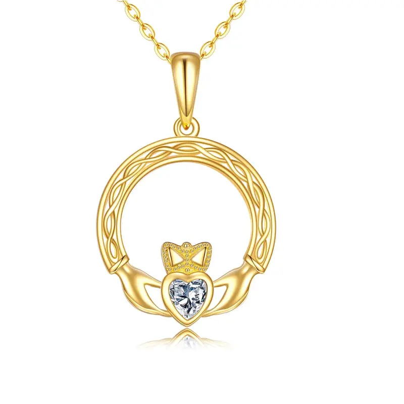 14K Gold Heart Cubic Zirconia Celtic Knot Pendant Necklace For Women
