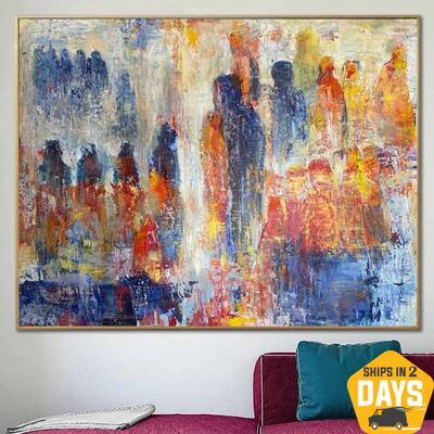 Original Abstract Colorful Figurative Paintings On Canvas Expressionist People Art Textured Oil Painting | CROWD 46"x60&...