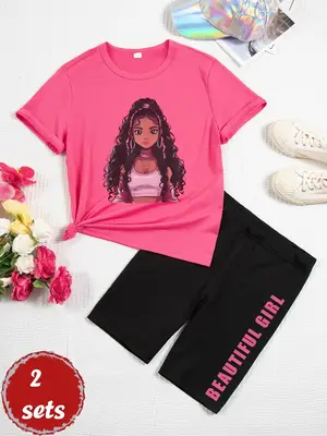 (13-16 Years) Two-Piece Set Teen's Cartoon Print Graphic Tee & Letter Print Shorts Set, Casual Short Sleeve T-Shirt & Track...