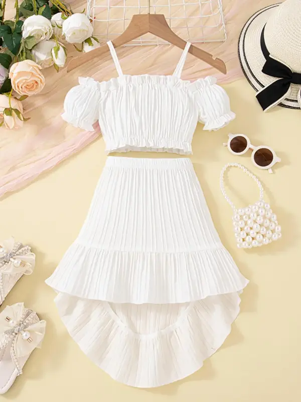 Girl's Solid Ruffle Trim Crop Top & Skirt Two-piece Set, Casual Fashion Cozy Two Piece Outfits for Daily Outdoor Wear, Toddle...