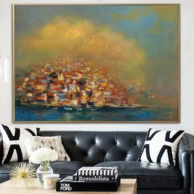Abstract Landscape Painting on Canvas Modern Blue Wall Art Original Coastal Artwork Seascape Painting for Lake House Decor | ...