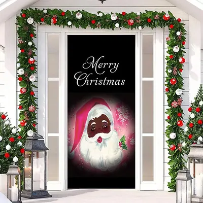 Black Pink Santa Claus Merry Christmas Door Cover - Aperturee