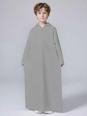 Boys' Solid Color Hooded Robe, Modest Long Sleeve Zipper Tunic Hobe, Muslim Clothing for Boys, Kids Islamic Clothing for Su...