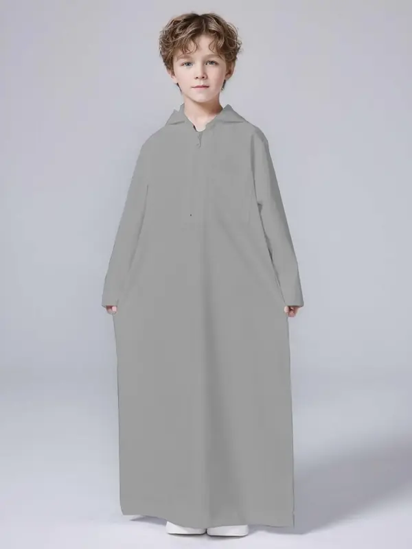Boys' Solid Color Hooded Robe, Modest Long Sleeve Zipper Tunic Hobe, Muslim Clothing for Boys, Kids Islamic Clothing for Su...
