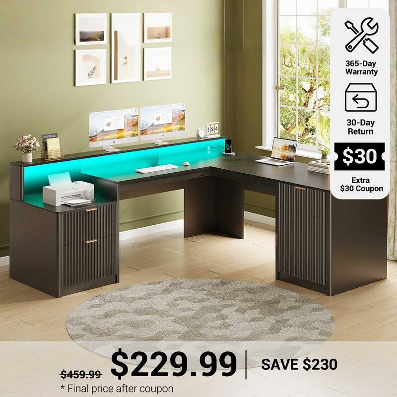 SEDETA | 66 Inch L Shaped Executive Desk Fluted Office Computer Desk with LED Lights Drawers, File Cabinet, Printer Shelf, Mo...