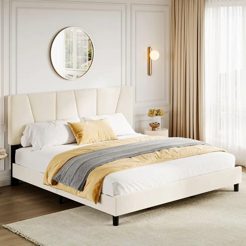 Garvee King Size Bed Frame with Adjustable Headboard, Velvet Upholstered Tufted King Platform Bedframe with Strong Wooden Sla...