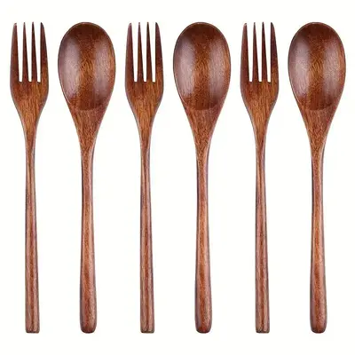 Wooden Tableware Set, 6pcs/set Wooden Spoon & Fork, Kitchen Flatware for Food, Desserts, Soup, Salad, Fruit, Tableware Set fo...