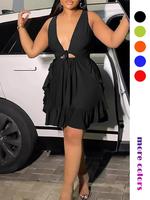 Women's Plain Cut Out Ruffle Hem Tie Front Tank Dress, Elegant Deep V Neck Sleeveless A Line Short Dress for Party Holiday We...