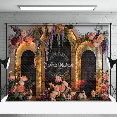 Aperturee Black Gold Lighted Arch Wall Floral Wedding Backdrop | Stage Rustic Wedding Backdrop | Wedding Stage Backdrop | Hap...