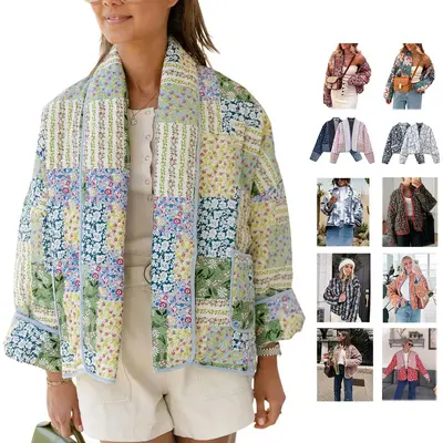 Tanming Women's Ditsy Floral Print Quilted Puffer Coat Lightweight Drop Shoulder Jacket FallFreshness Open Front Cardigan for...