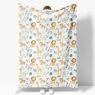 Dense Cute Safari Animals Leaf Custom Name Blanket - Aperturee