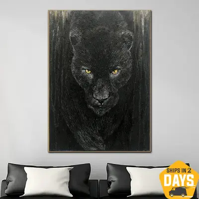 Panther Oil Painting on Canvas Original Animal Art Abstract Wild Animal Wall Art Modern Heavy Textured Painting Bedroom Decor...