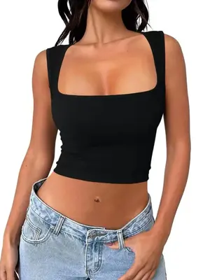 Women's Solid Square Neck Sports Vest, Casual Comfy Breathable Sleeveless Crop Top for Yoga Gym Workout, Ladies Sportswear Cl...