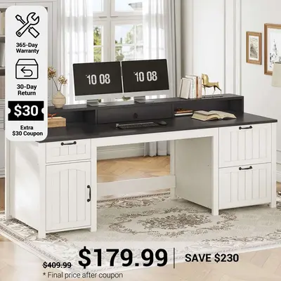 SEDETA | 63 Inch Wood Computer Desk Farmhouse Ergonomic Executive Desk for Home Office with File Drawer and Monitor Stand Bla...