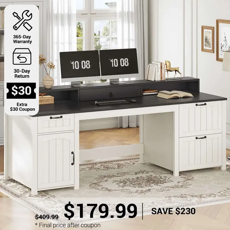 SEDETA | 63 Inch Wood Computer Desk Farmhouse Ergonomic Executive Desk for Home Office with File Drawer and Monitor Stand Bla...