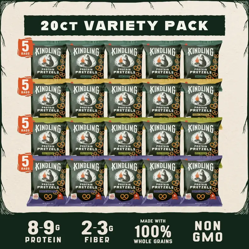 Kindling Snacks Protein Pretzels Variety Pack | 20-Pack (1.06oz Bags) - Sea Salt (5), Dill Pickle (5), Honey Mustard (5), Gar...