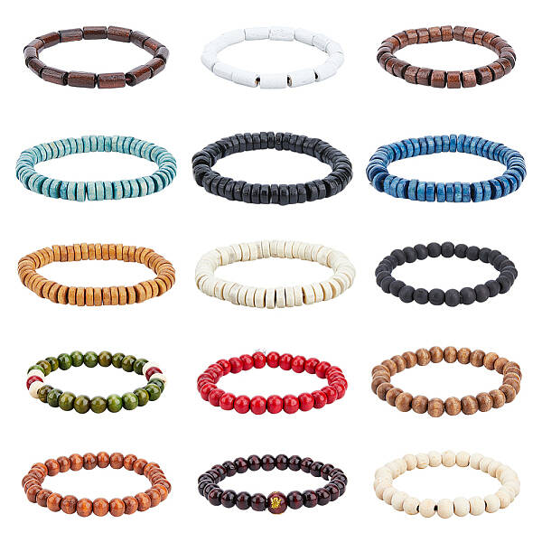 15Pcs 15 Style Round & Column & Disc Wood Beaded Stretch Bracelets Set