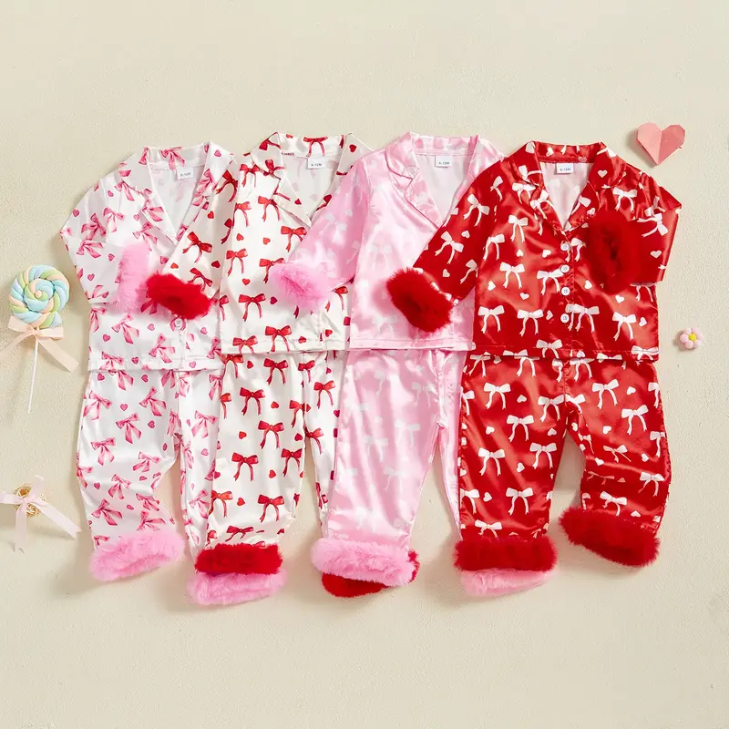 Toddler Baby Girl Spring Bow Print Plush Pajamas Sets 2Piece Laple Long Sleeve Tops with Pants
