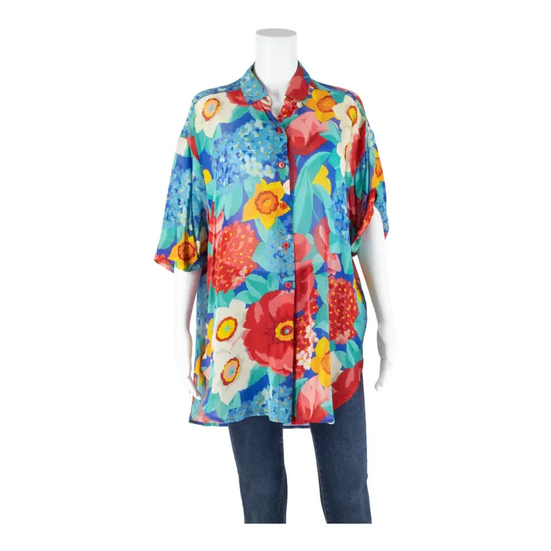 Sheer Womens Oversized Blouse Blue Floral S