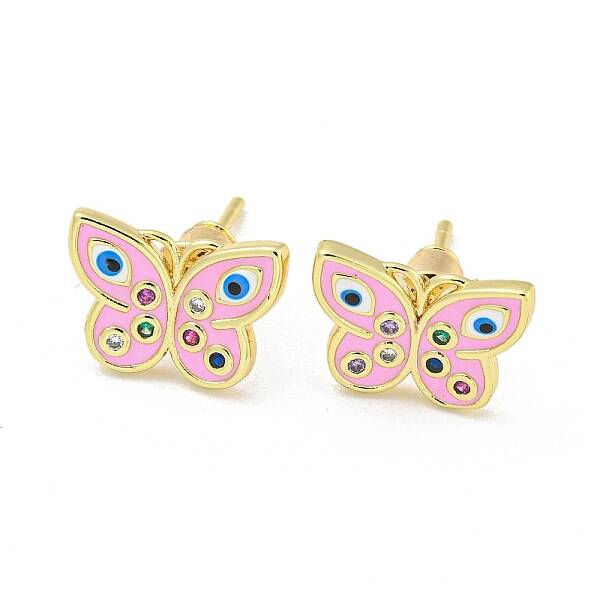 Butterfly with Evil Eye Real 18K Gold Plated Brass Stud Earrings