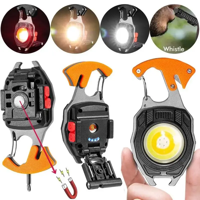 LED Small Flashlight Multitool Keychain, Rechargeable COB LED Work Light Rechargeable, Multi Tool Flashlight with Lighter, Ma...