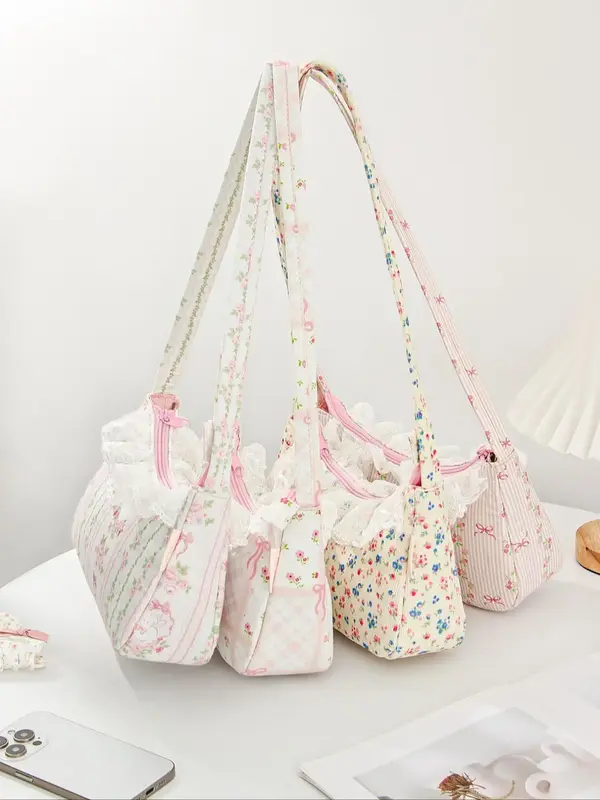 Women's Cute Floral Pattern Half Moon Bag, Fashionable Bowknot Decorated Shoulder Bag for Daily Life, Casual Trendy Versatile...