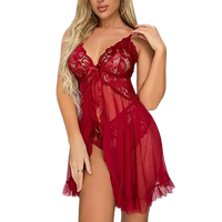 Women Lingerie Babydoll Dress Lace Sleepwear Mesh Nightgown with Thong V Neck Set